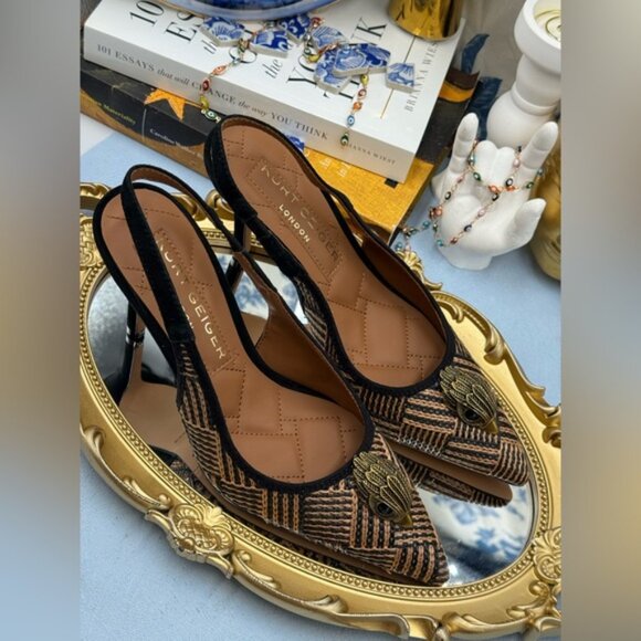 🆕 KURT GEIGER LONDON 🧿 NWOB Belgravia Slingback Heel, Black & Tan Raffia, Sz 6 - Picture 7 of 15